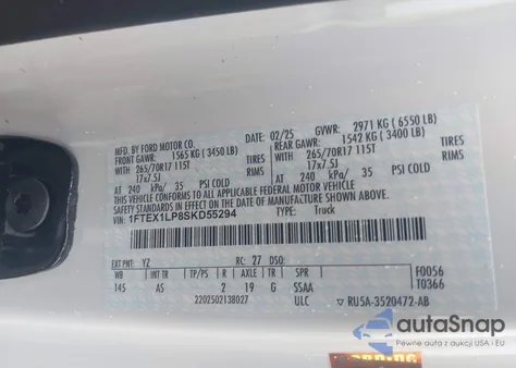 2025 Ford F-150 Xl z USA, uszkodzony, nr VIN 1FTEX1LP8SKD55294